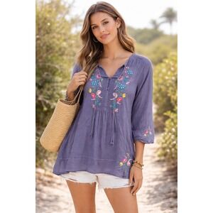 Johnny Was XS Blue Embroidered Boho Tunic Top Floral Peasant Blouse
Resort